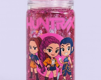 HUNTRX Glitter Pink Anime Tumbler – 16oz Snow Globe Cup with Straw