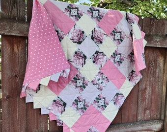 Custom Designed Fabric, Pink Peony Masterpiece Quilt, lap quilt, toddler quilt, couch quilt, decorative quilt, 40" x 43"