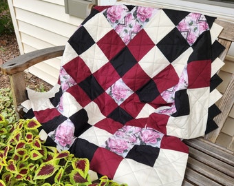 Custom Designed Fabric, Black & Burgundy Pink Peony Masterpiece Quilt, lap quilt, toddler quilt, couch quilt, decorative quilt, 40" x 43"