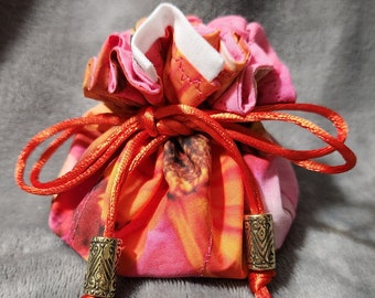 Custom Designed Fabric, Orange & Pink Floral Jewelry Pouch with Pink, 6 compartments plus middle, poly satin drawstring with beads