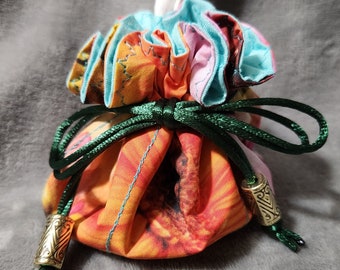 Custom Designed Fabric, Orange & Pink Floral Jewelry Pouch with Fucshia, 6 compartments plus middle, poly satin drawstring with beads