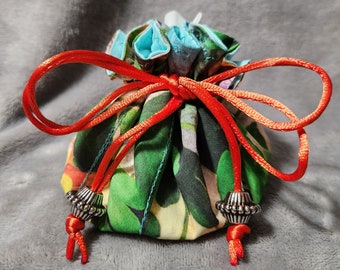 Custom Designed Columbine Floral Travel Jewelry Pouch with Aqua, 6 compartments, middle compartment, poly satin drawstring with beads