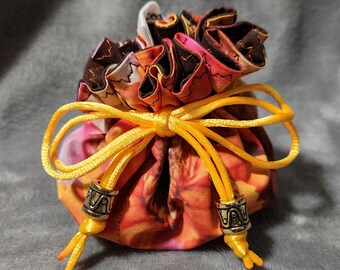 Custom Designed Fabric, Orange & Pink Floral Jewelry Pouch with Fucshia, 6 compartments plus middle, poly satin drawstring with beads