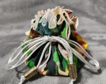 Custom Designed Columbine Floral Travel Jewelry Pouch with Cream, 6 compartments, middle compartment, poly satin drawstring with beads