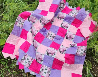 Custom Designed Fabric, Pink Lavender Peony Masterpiece Quilt, lap quilt, toddler quilt, couch quilt, decorative quilt, 40" x 43"