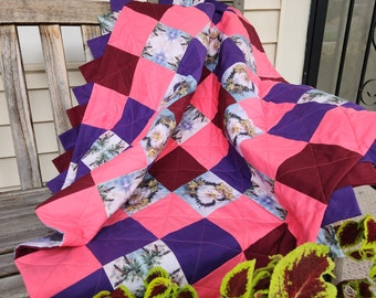 Custom Designed Fabric, Burgundy & Purple Heart Masterpiece Quilt, lap quilt, toddler quilt, couch quilt, decorative quilt, 40" x 43"