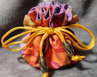 Custom Designed Fabric, Orange & Pink Floral Jewelry Pouch with Lavender, 6 compartments plus middle, poly satin drawstring with beads