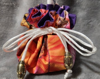 Custom Designed Columbine Floral Jewelry Pouch with Purple, 6 compartments, middle compartment, poly satin drawstring with beads