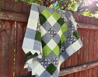 Custom Designed Fabric, Gray & Sage Masterpiece Quilt, lap quilt, toddler quilt, couch quilt, decorative quilt, 40" x 43"