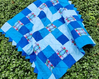 Custom Designed Fabric, Red Peony & Blue Masterpiece Quilt, lap quilt, toddler quilt, couch quilt, decorative quilt, 40" x 43"