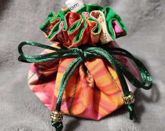 Custom Designed Fabric, Orange & Pink Floral Jewelry Pouch with Green, 6 compartments plus middle, poly satin drawstring with beads