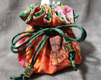 Custom Designed Fabric, Orange & Pink Floral Jewelry Pouch with Leaves, 6 compartments plus middle, poly satin drawstring with beads