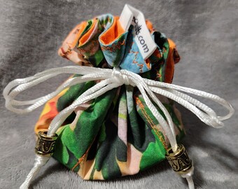 Custom Designed Columbine Floral Fabric Jewelry Pouch with Orange, 6 compartments, middle compartment, poly satin drawstring with beads