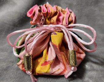 Custom Designed Columbine Floral Jewelry Pouch with Pink, 6 compartments, middle compartment, poly satin drawstring with beads