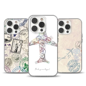 May include: Three phone cases with travel-themed designs. One case features a collage of stamps, another has an airplane made of stamps, and the third has a vintage map design with stamps and an airplane illustration. The text "Pack your bags!" is visible.