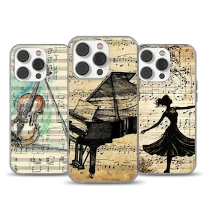 May include: Three phone cases with musical themes. One case features a violin, another a grand piano, and the third a silhouette of a dancer. All cases have a musical score background, with a vintage aesthetic.