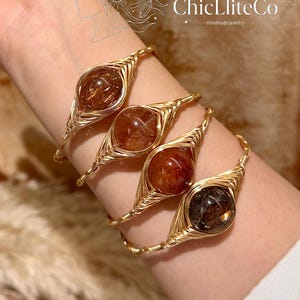 Rare 18mm Black Gold Super Seven Bracelet&14k Gold Filled Wire Wrapped Memory Wire Adjustable Bangle-Large Size High Energy Healing Crystal