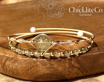 Wealth Attraction Bracelet-10mm Golden Rutilated Quartz&14k Gold Filled Layered Wire Wrapped Bangle-Manifestation Crystal Gift
