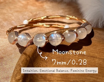 7mm White Moonstone 14k Gold Filled Wire Wrap Bangle - June Birthstone & Third Eye Chakra - Feminine Energy Jewelry - Adjustable Memory Wire