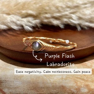 10mm AAAA Purple Flash Labradorite Memory Wire Bangle-14k Gold Filled Wire Wrapped Adjustable Bracelet- Third Eye Chakra Healing Stone