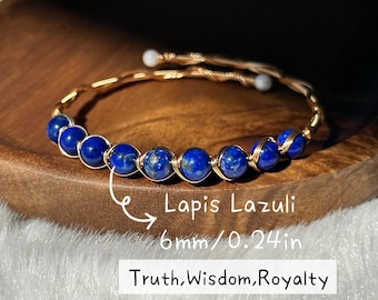 Wisdom Bracelet-6mm Lapis Lazuli 14k Gold Filled Memory Wire Bangle - Third Eye Chakra - Truth & Royalty Jewelry - Adjustable Open Cuff
