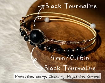 Bracelet jonc nettoyant énergétique - Bracelet tourmaline noire 10 mm - Double tour en fil à mémoire de forme rempli d'or 14 carats - Bijoux en pierre de mise à la terre et de protection