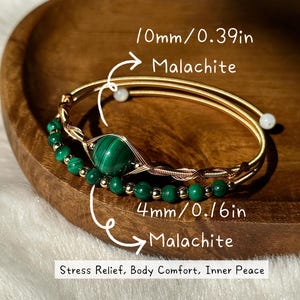 May include: Two gold-toned bracelets with malachite beads. One bracelet features 10mm malachite beads, the other has 4mm beads. The text on the image reads "Stress Relief, Body Comfort, Inner Peace."