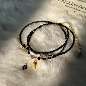 Faceted Black Spinel Multiway Jewelry-3-Row Multilayer Adjustable bracelet& Necklace-2mm Gemstone Energy Protection-Christmas Gift