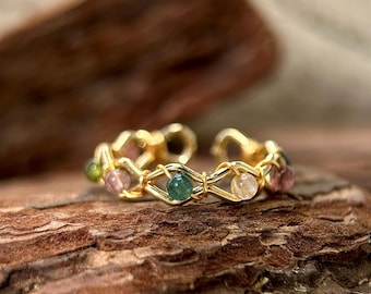 Regenbogen Turmalin Ring-Kupfer 14k Gold Filled -3 mm Draht gewickelt verstellbarer Ring - Chakra Heilung stapelbarer Ring|Weihnachtsgeschenk für Frauen