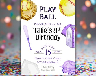 Purple Softball Birthday Invitation Girl, Play Ball Sports Party, Editable Canva Template, Instant Digital Download, Any Age
