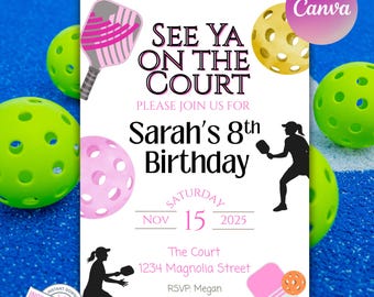 Pickleball Birthday Invitation Girl, Editable Canva Template, Sports Party Invite, Pink Pickleball, Printable Digital Download, Any Age