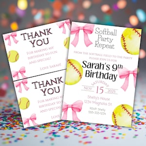 May include: A softball party invitation and thank you card set featuring watercolor yellow softballs and pink bows on a white background. The text includes Softball Party Repeat, Sarah's 9th Birthday, Nov 15 2025, Shelly's House, and Thank You.