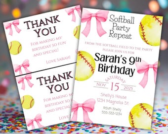 May include: A softball party invitation and thank you card set featuring watercolor yellow softballs and pink bows on a white background. The text includes Softball Party Repeat, Sarah's 9th Birthday, Nov 15 2025, Shelly's House, and Thank You.