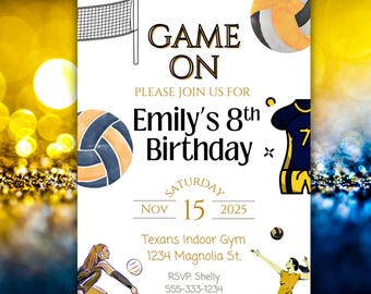 Volleyball Birthday Invitation – Navy and Yellow, Editable Template (Digital Download)