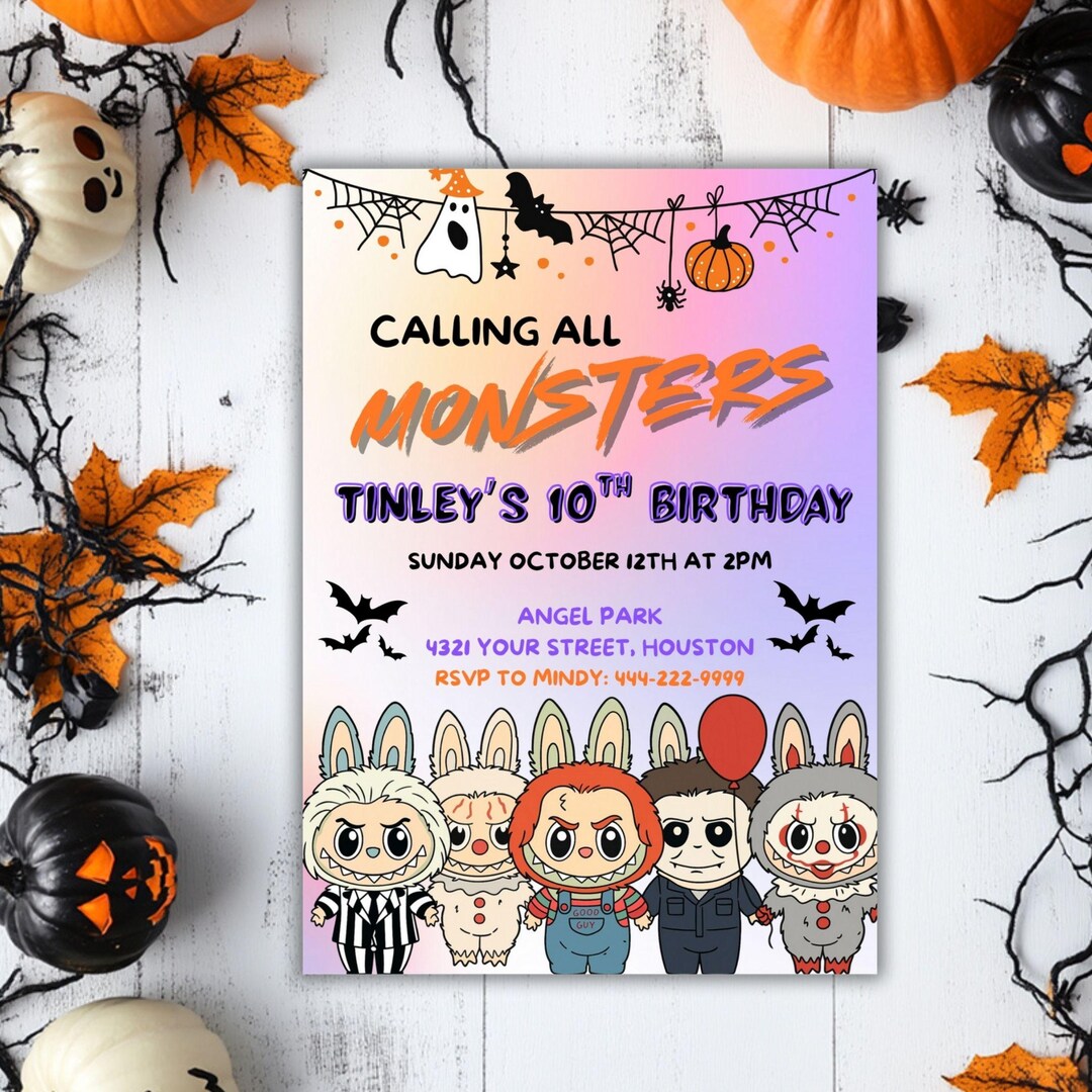 Labubu Calling All the Monsters Halloween Invitation, Editable Canva ...