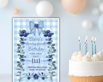 Blueberry First Birthday Invitation, Berry Sweet Invite (Digital Download)