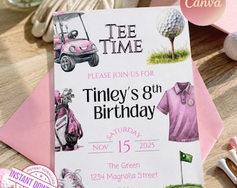 Golf Birthday Invitation Girl, Pink Tee Time Sports Party, Editable Canva Template, Printable Digital Download, Any Age
