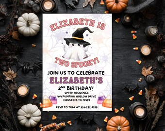 Two Spooky Girl Birthday Invitation, Halloween Ghost Theme (Digital Download)