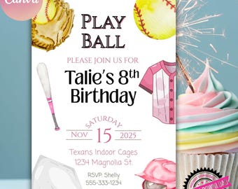 Pink Softball Birthday Invitation, Play Ball Girls Sports Party, Editable Canva Template, Instant Digital Download, Any Age
