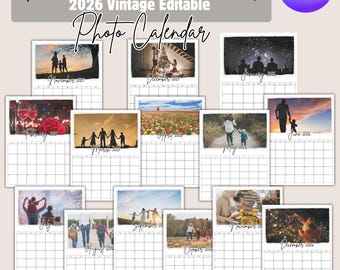 2026 Calendar Template with Photos, Easy To Edit Templates in Canva Personalizable Custom DIY Christmas Gift Make Your Family Photo Calendar
