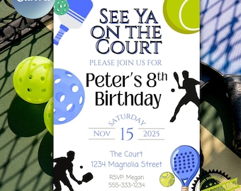 Boys Pickleball and Padel Birthday Invitation | Blue Green Court Design | Editable Canva Template Digital Download