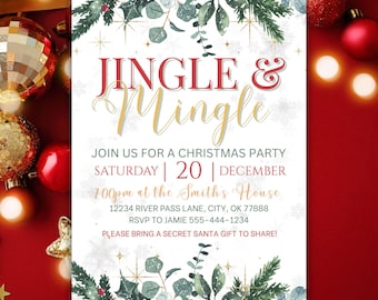 May include: A Christmas party invitation with the words "Jingle & Mingle" in red and gold script. The invitation includes details for a Christmas party on December 20th at 7:00 PM, with a request to bring a Secret Santa gift.