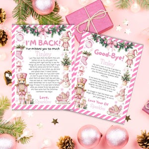 May include: Two pink and white Christmas-themed cards with text and illustrations. The cards feature a pink elf, Christmas tree, snowman, and nutcracker. One card says "I'm Back!" and the other says "Good-Bye!"