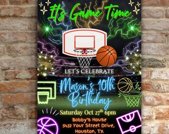Neon Basketball Birthday Invitation, All Sports Party, Editable Template (Digital Download)