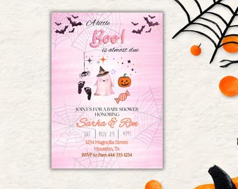 A Little Boo Is Almost Due Baby Shower Invitation Girl, Pink Ghost Pumpkin Design, Editable Canva Template, Digital Download