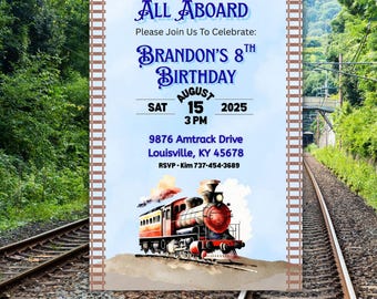 Train Birthday Invitation, All Aboard Watercolor Steam Train, Printable 5x7 Editable Canva Template
