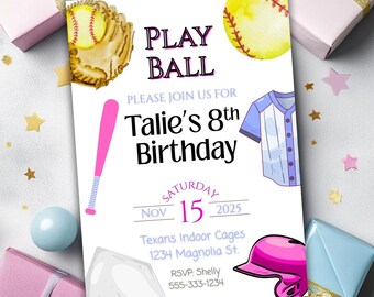 Pink Blue Softball Birthday Invitation Girl, Play Ball Sports Party, Editable Canva Template, Instant Digital Download, Any Age