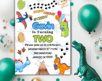 May include: A birthday party invitation featuring a dinosaur theme. The invitation includes the name "Gavin" and the number "TWO" in large text. Colorful dinosaur illustrations and balloons decorate the invitation, with the party details listed below.
