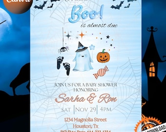 A Little Boo Is Almost Due Baby Shower Invitation Boy | Blue Ghost Pumpkin Design | Editable Canva Template Digital Download