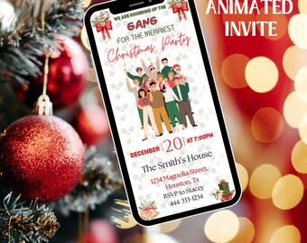 May include: A digital animated Christmas party invitation displayed on a smartphone. The invitation features a group illustration and text that reads "WE ARE ROUNDING UP THE GANG FOR THE MERRIEST Christmas Party." Details include the date, time, and location.